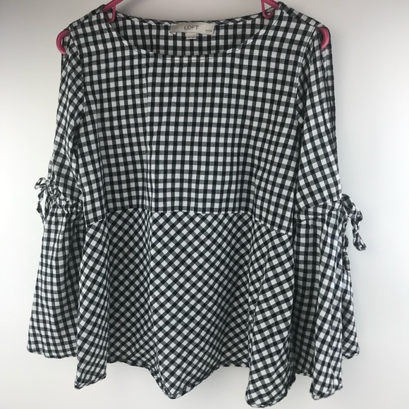 Ann Taylor Loft Black White Gingham Blouse Bell Sl - Picture 2 of 8